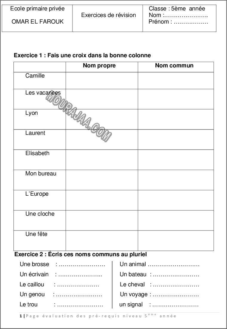 excercice de revision le nom , la phrase 2022 