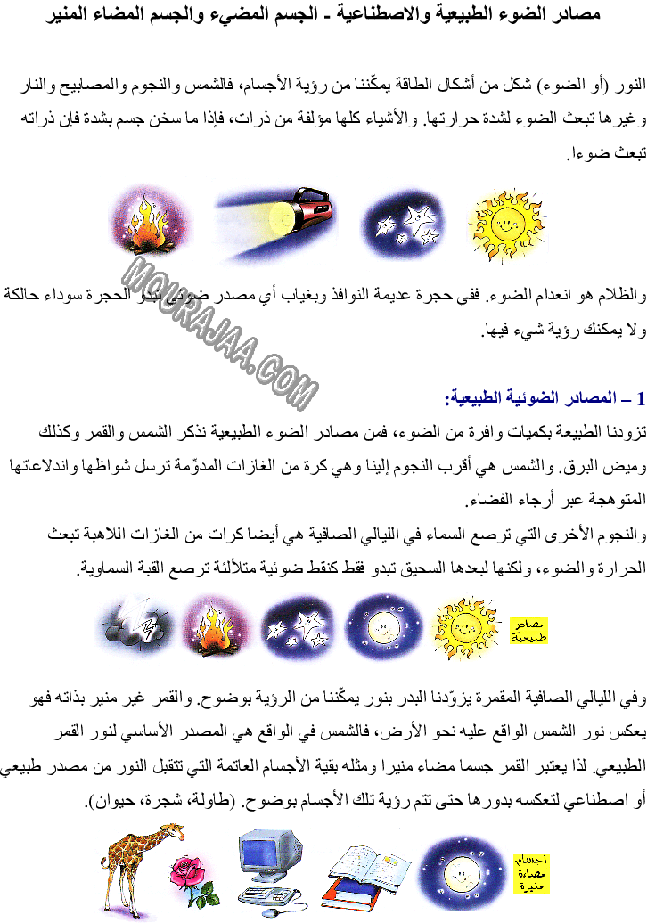 مصادر الضوء الطبيعية والاصطناعية - الجسم المضيء والجسم المضاء المنير