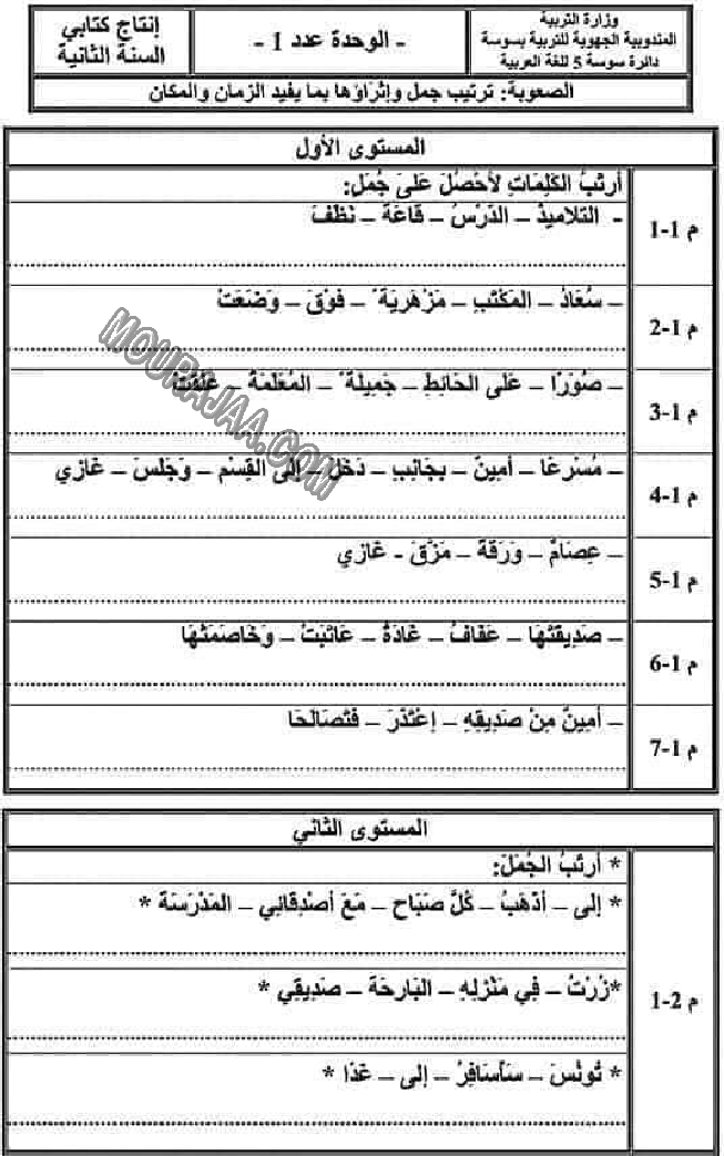 تقييم الوحدة 1 ترتيب الجمل