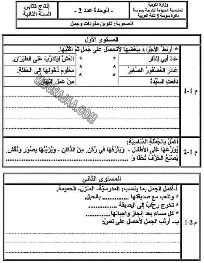 تقييم الوحدة 2 تكوين مفردات و جمل