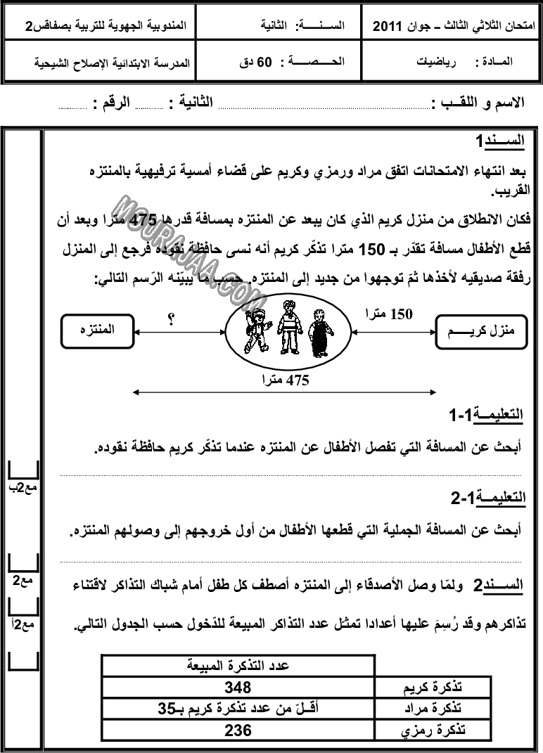 امتحان رياضيات سنة ثانية ثلاثي الثالث 