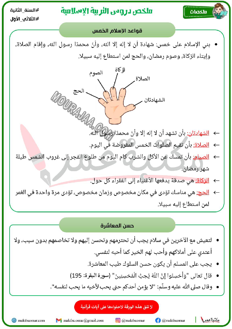 ملخص دروس التربية الاسلامية سنة ثانية ثلاثي الاول