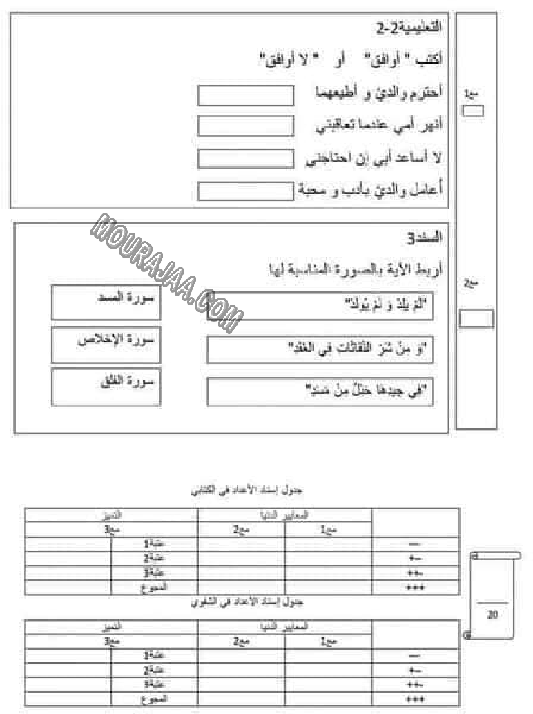 امتحان تربية اسلامية ستة اولى ثلاثي الثالث