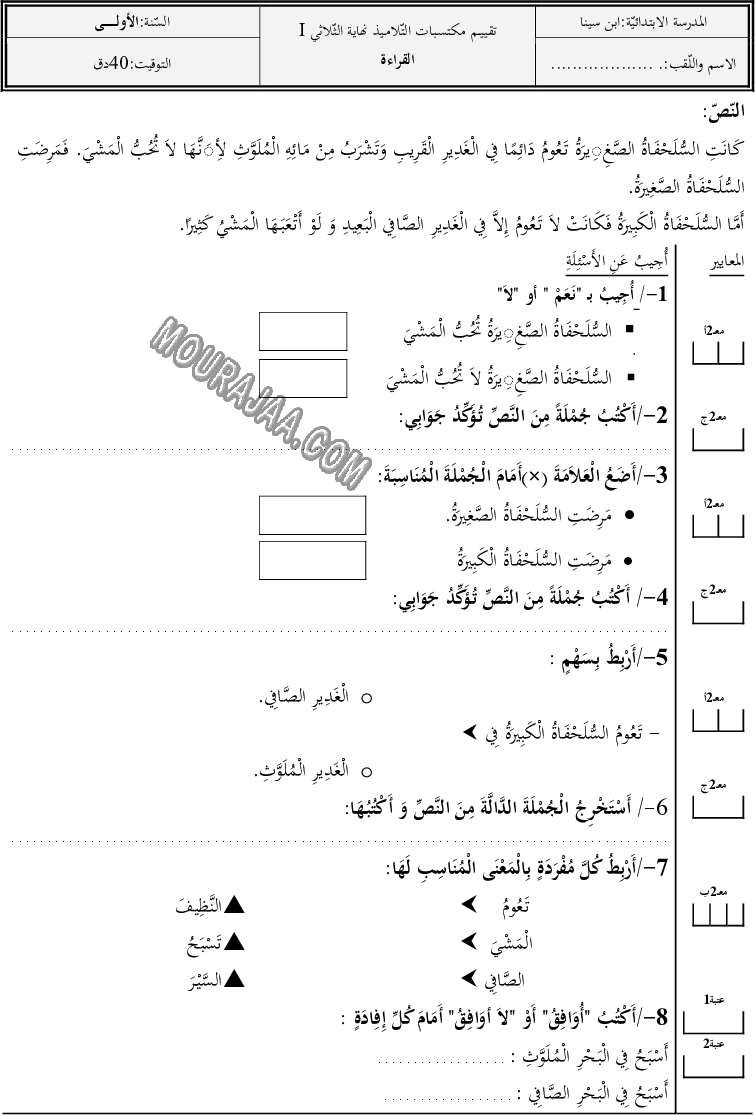 تقييــم مكتسـبات التّلامــيذ-نهايـــة الثّلاثــي الأول في القراءة  (2)