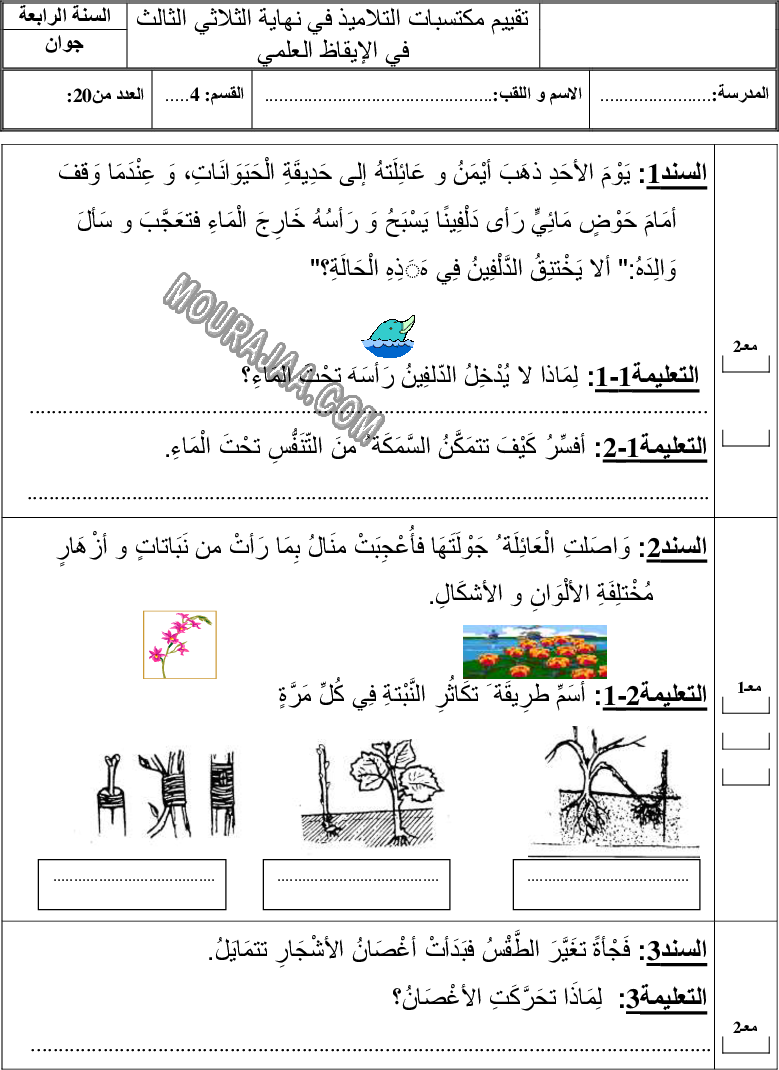 امتحان قراءة سنة رابعة ثلاثي الثالث 