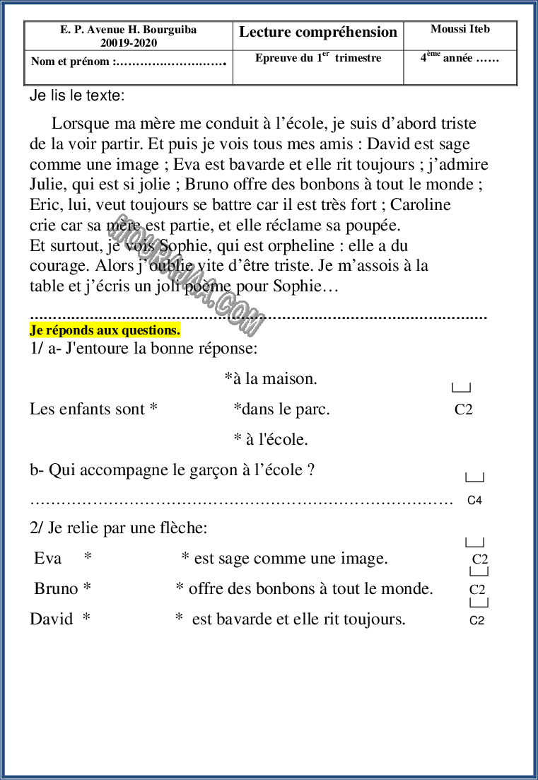 epreuve lecture 4eme 1tr 2022