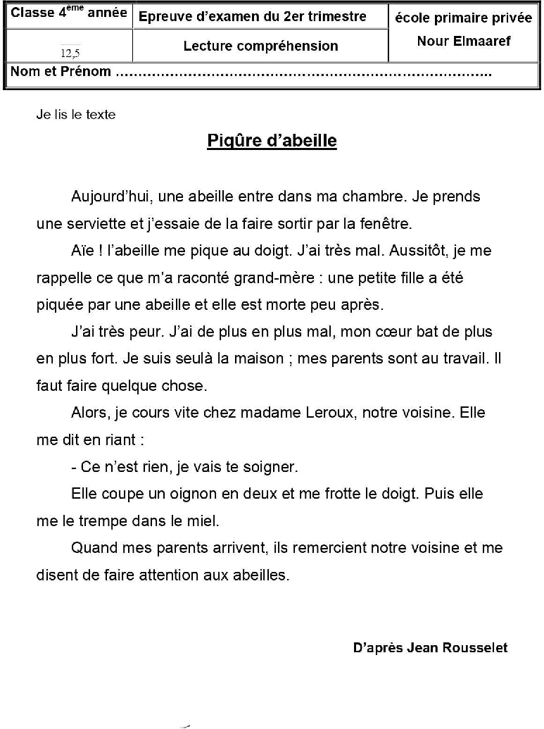 epreuve lecture comprehension quatrieme 2tr