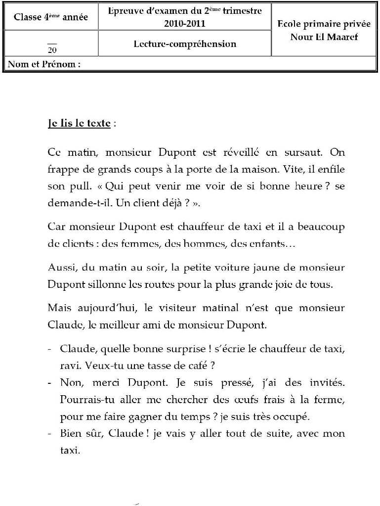 epreuve lecture comprehension quatrieme 2tr44