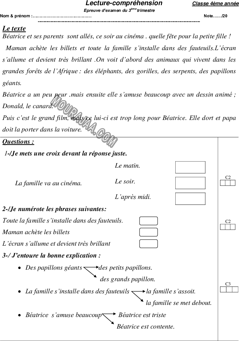 epreuve francais 4eme anne 3tr 202