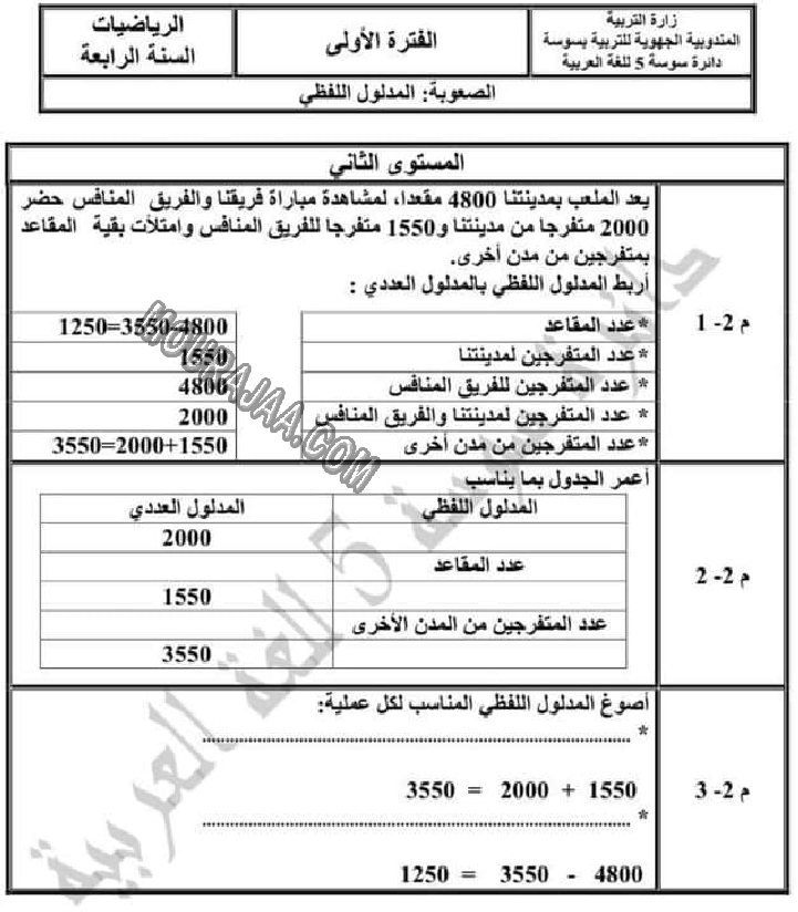 تقييم الرياضيات الثلاثي الاول سنة رابعة 2022-3