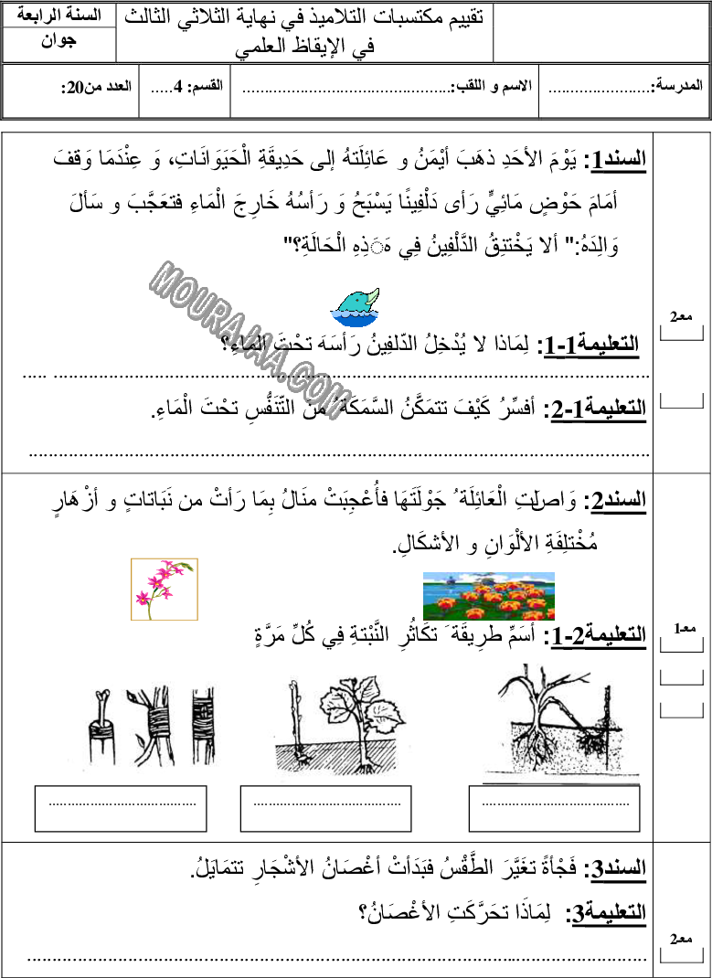 امتحان ايقاظ علمي سنة رابعة ثلاثي الثالث 