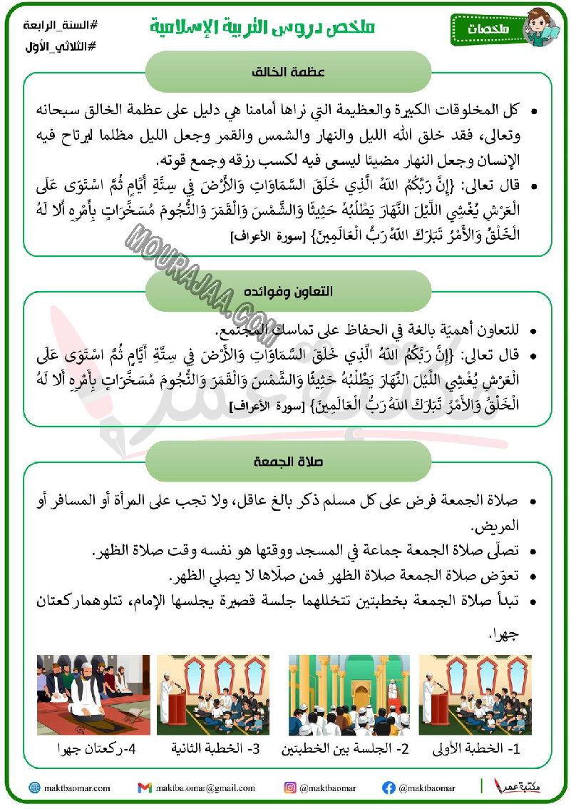 ملخص دروس التربية الاسلامية سنة الرابعة الثلاثي الاول 2022