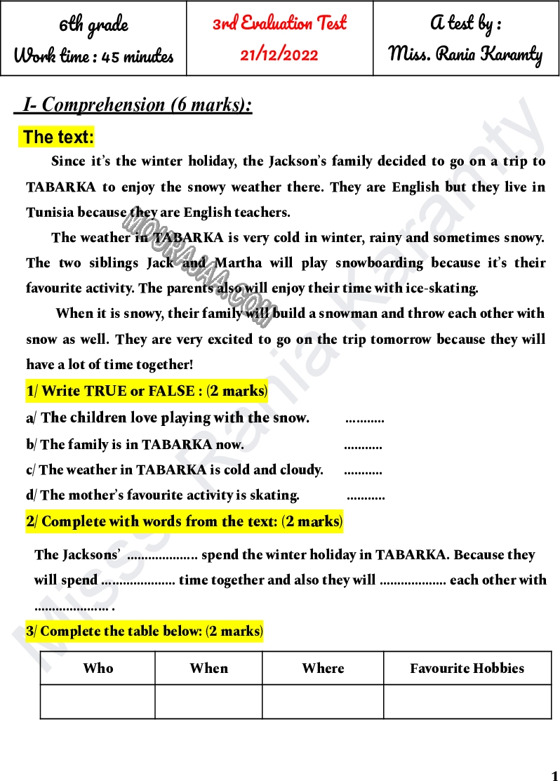 evaluation anglais 6eme 1tr 2022-10