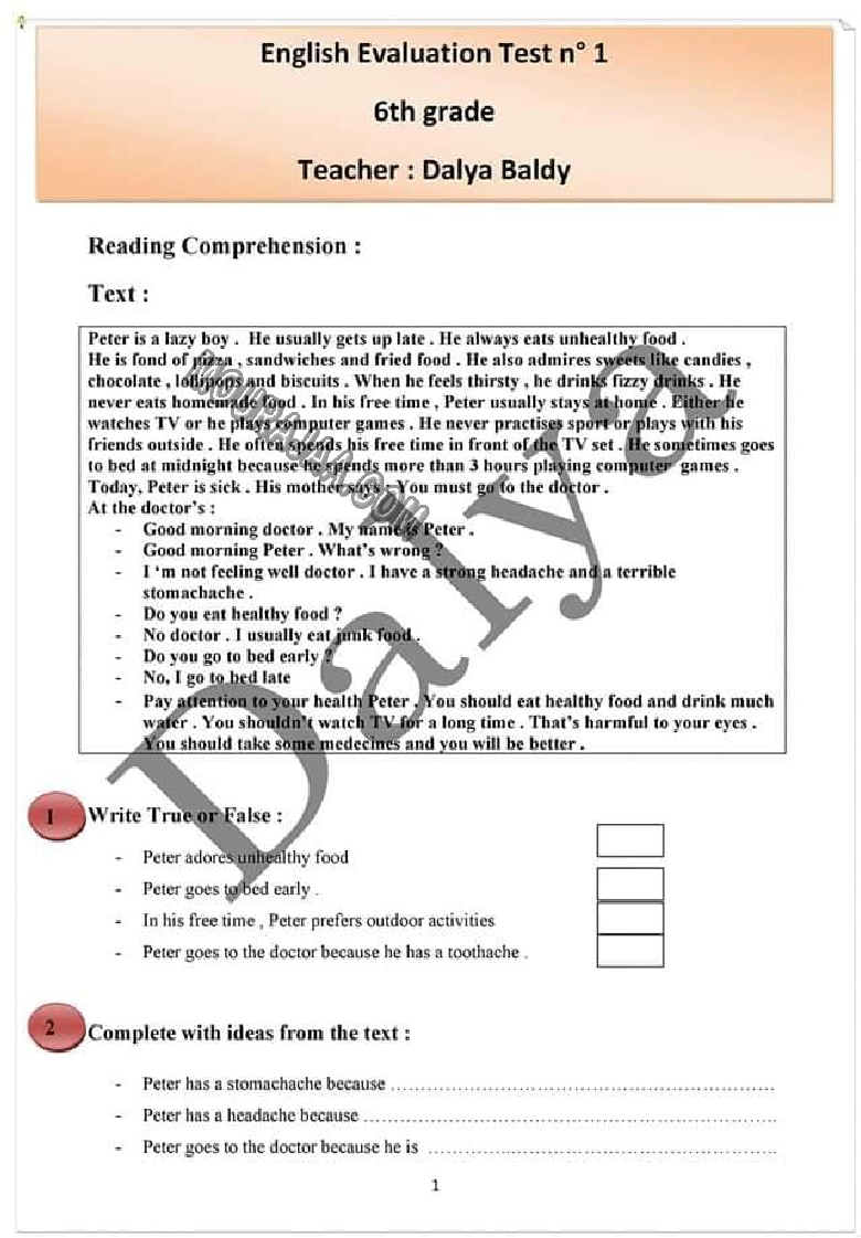 evaluation anglais 6eme 1tr avec correction 2022-2