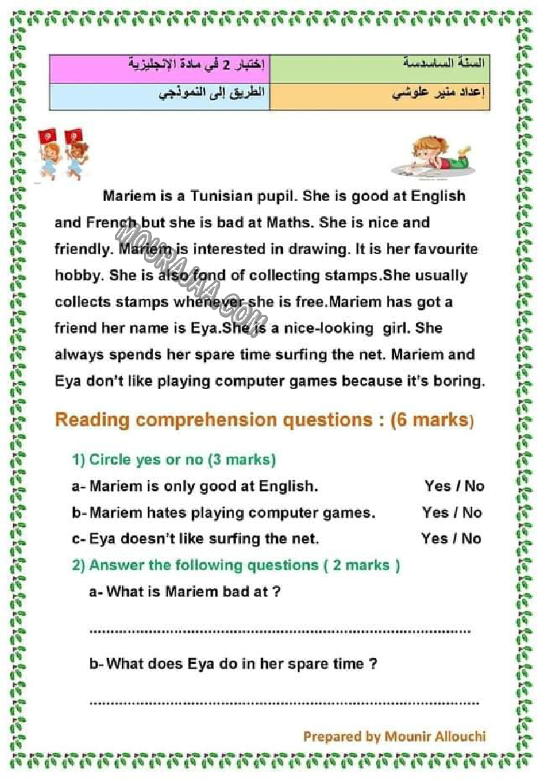 evaluation anglais 6eme 1tr avec correction 2022-3