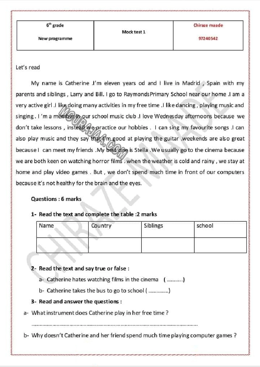 evaluation anglais 6eme 1tr avec correction 2022