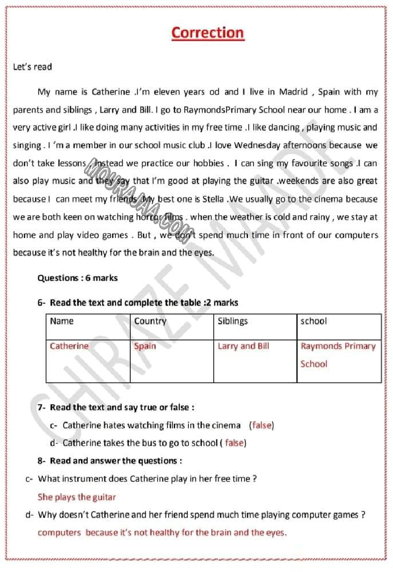 evaluation anglais 6eme 1tr avec correction 2022