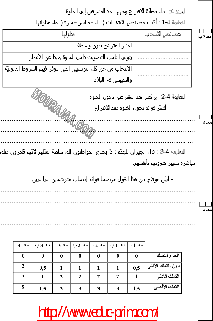 امتحان تربية مدنية سنة سادسة الثلاثي الثالث 