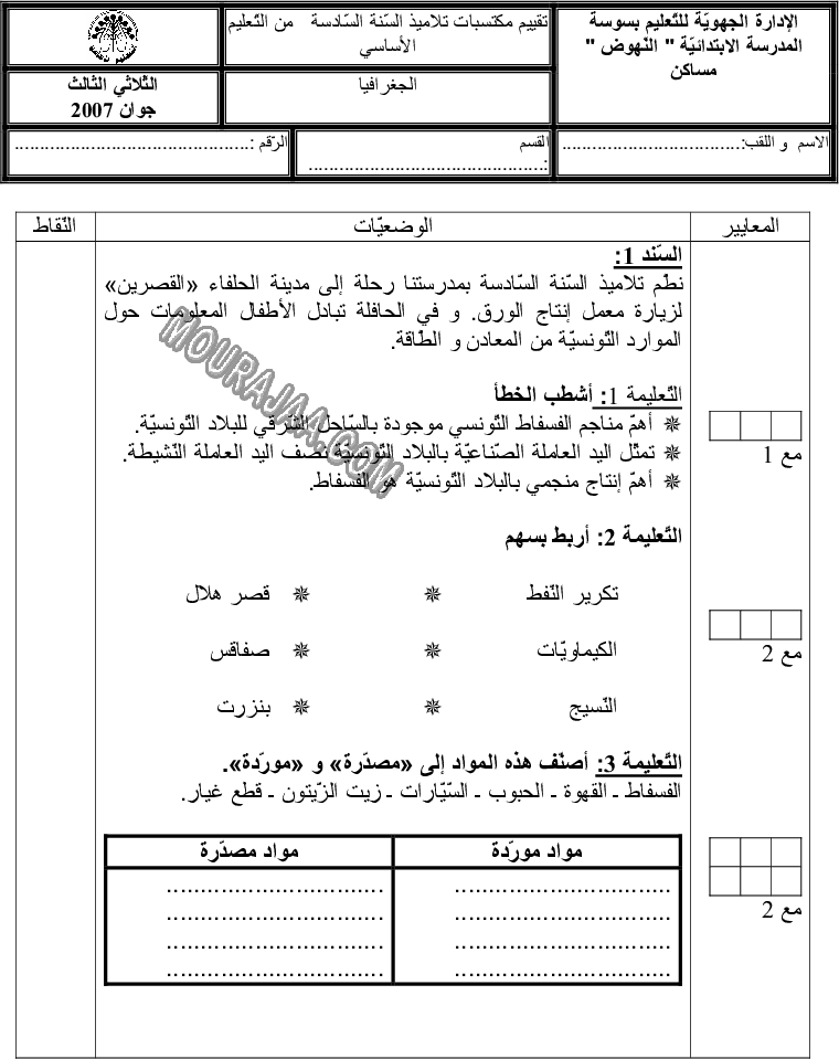 امتحان جغرافيا سنة سادسة الثلاثي الثالث 