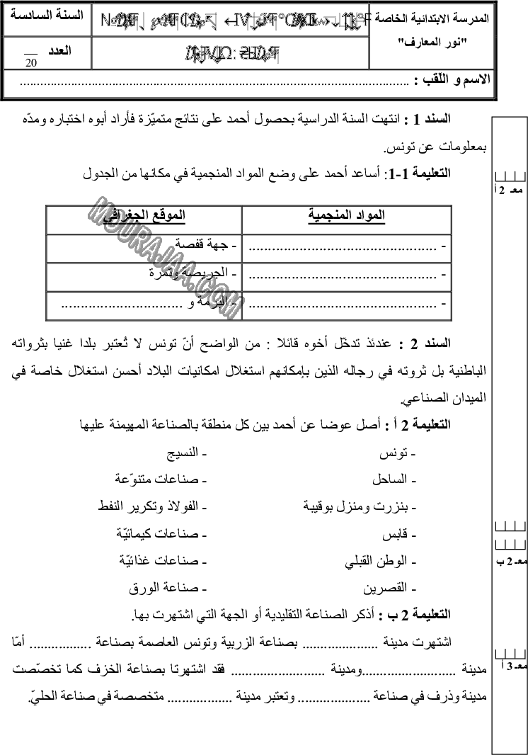 امتحان جغرافيا سنة سادسة الثلاثي الثالث 