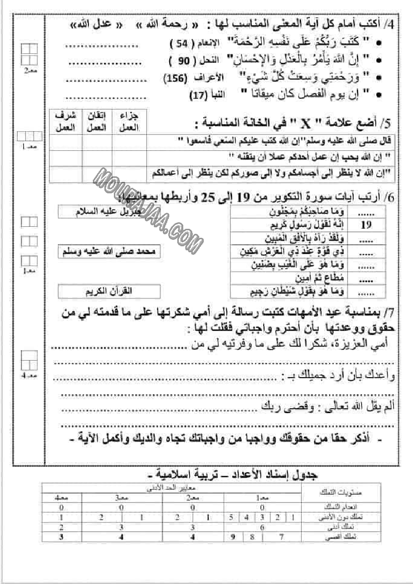 امتحانات التربية الاسلامية الثلاثي الاول السنة السادسة6