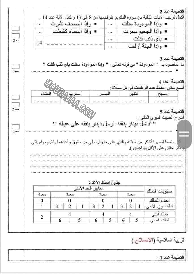 امتحانات التربية الاسلامية الثلاثي الاول السنة السادسة6