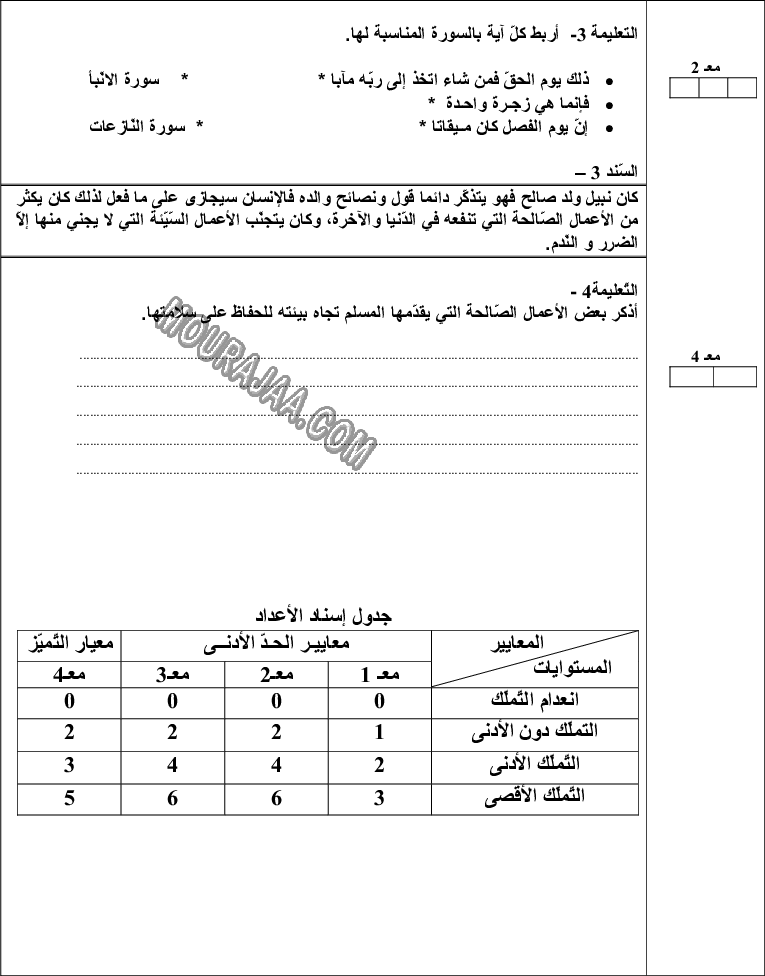 امتحان تربية اسلامية سنة سادسة الثلاثي الثالث 