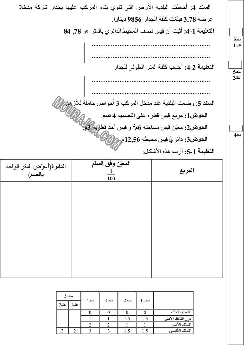 امتحان رياضيات سنة سادسة الثلاثي الثالث 