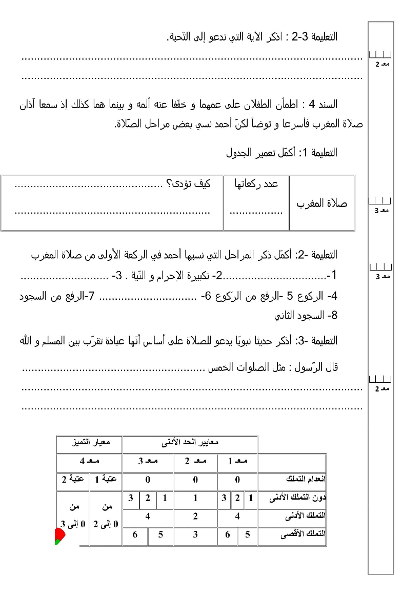 امتحان في التربية الاسلامية ثلاثي الثاني سنة ثالثة1