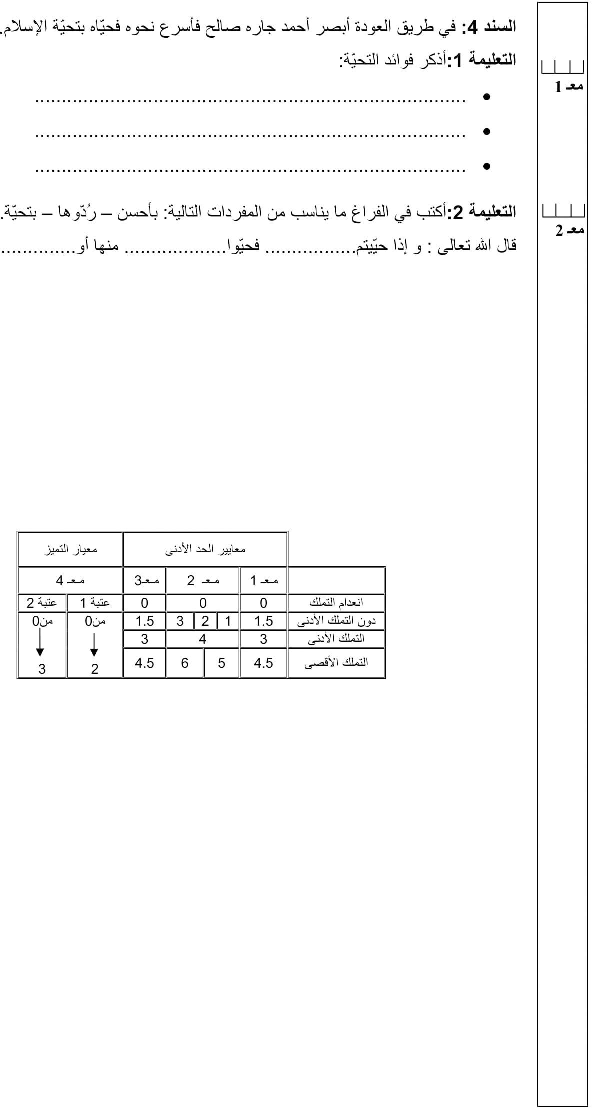 امتحان في التربية الاسلامية ثلاثي الثاني سنة ثالثة3