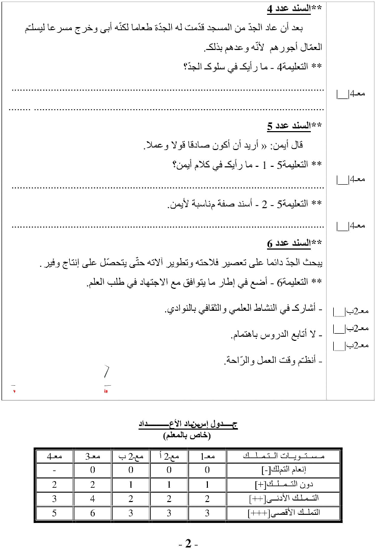 امتحان في التربية الاسلامية ثلاثي الثاني سنة ثالثة5