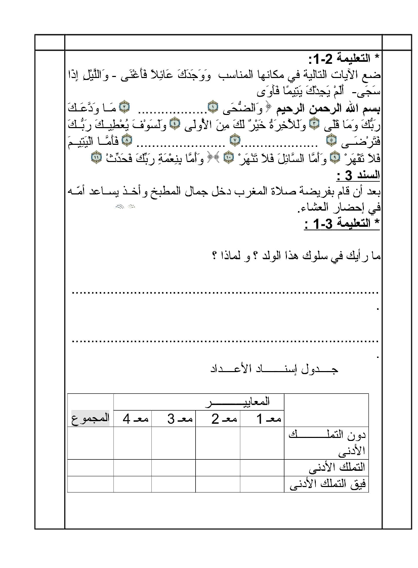 امتحان في التربية الاسلامية ثلاثي الثاني سنة ثالثة6