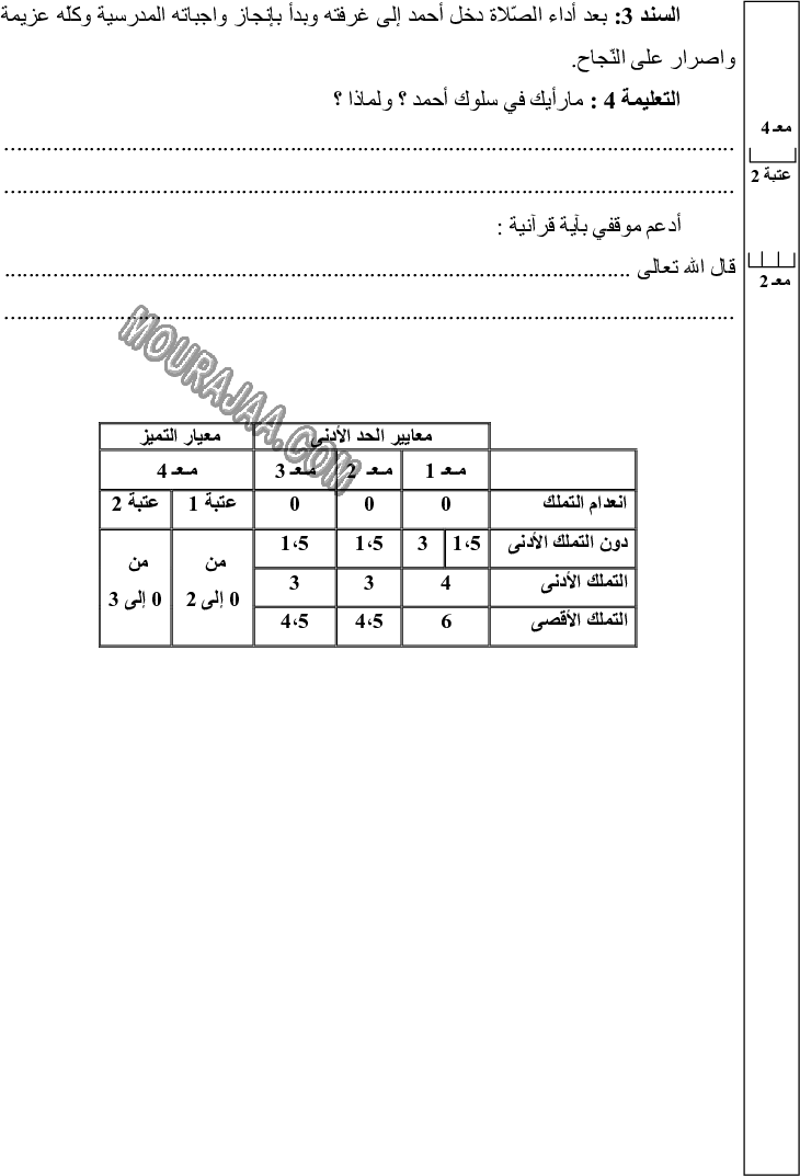 امتحان تربية اسلامية سنة ثالثة الثلاثي الثالث 