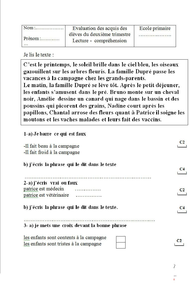 epreuve francais 2eme trimestre 3eme annee6