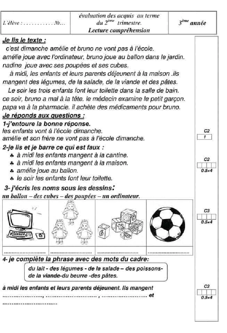 epreuve lecture 3eme annee 2tr 