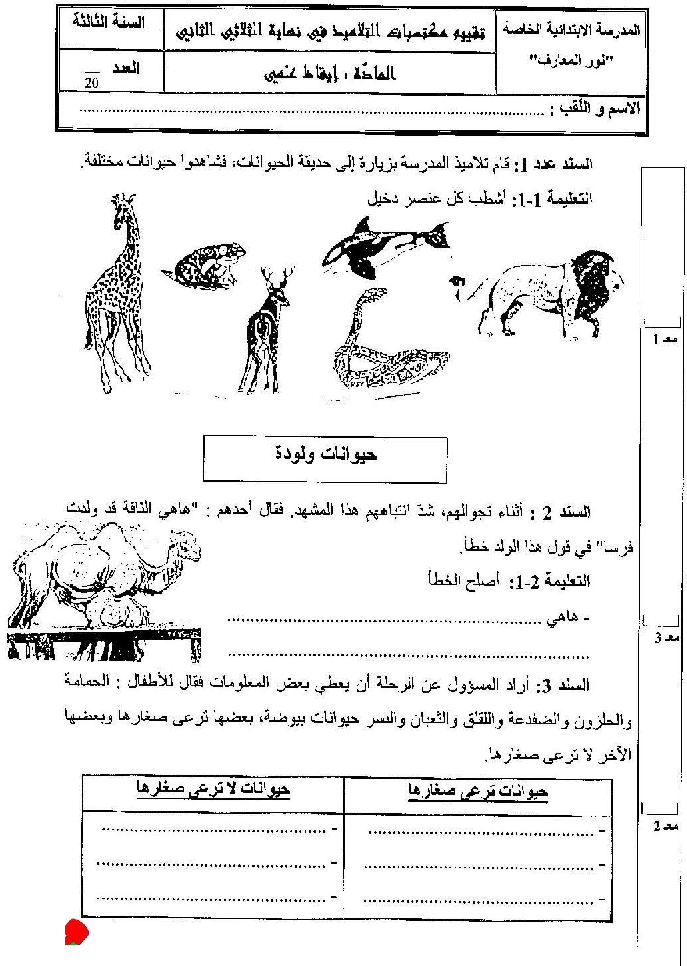 امتحان في الايقاظ العلمي سنة الثالثة الثلاثي الثاني