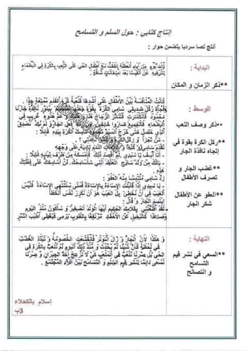 إنتاج كتابي حول السلم و التسامح سنة ثالثة إبتدائي 