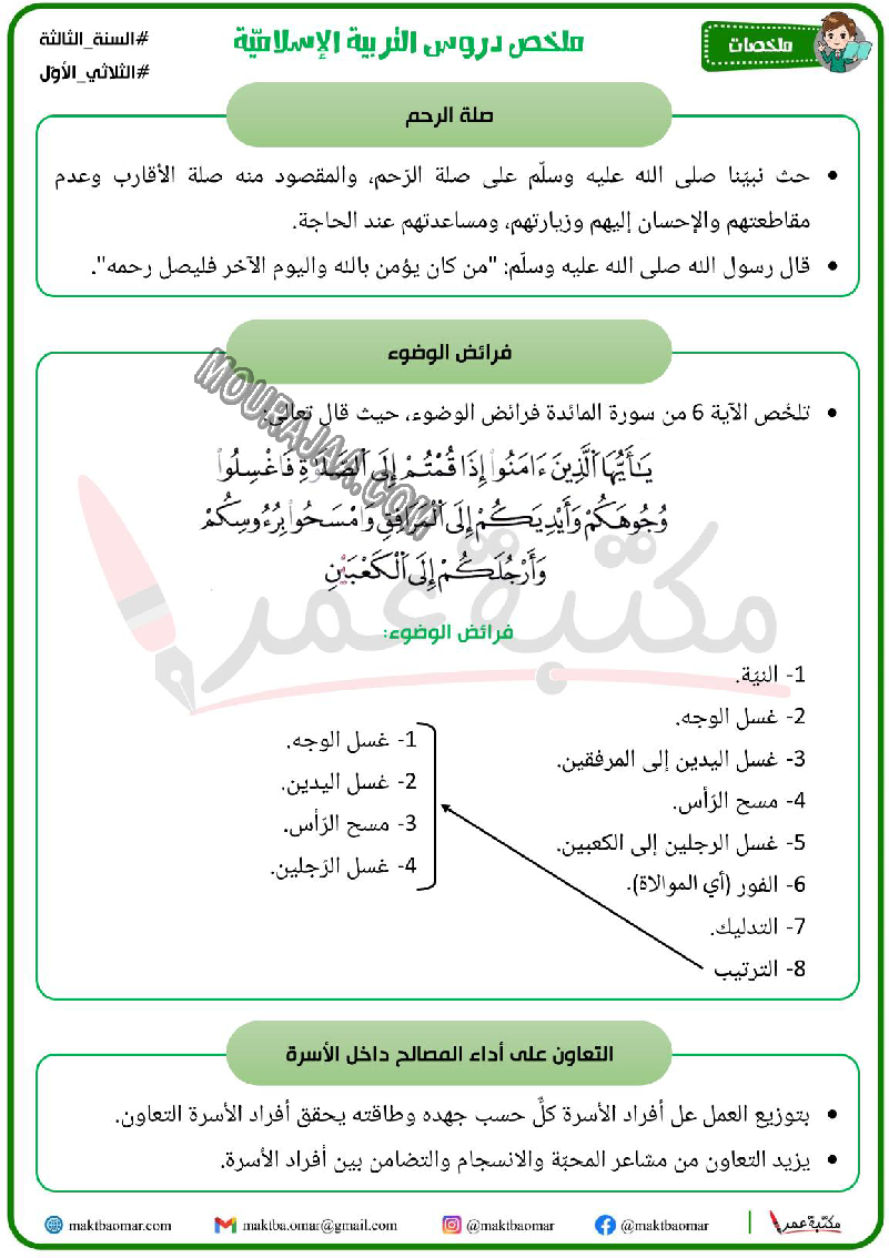 ملخص دروس التربية الاسلامية سنة الثالثة الثلاثي الاول 2022
