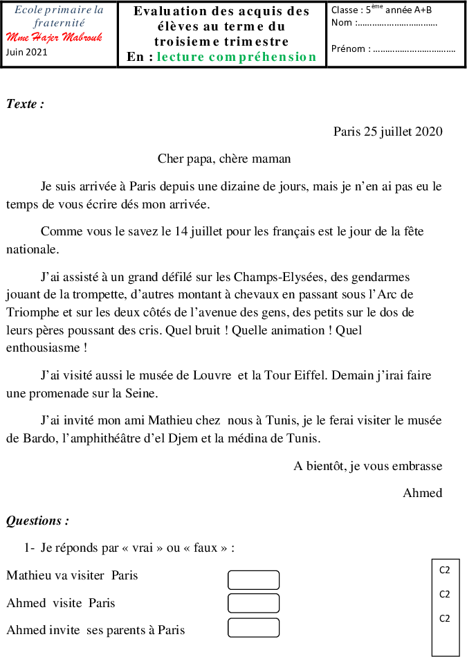 evaluation lecture 3eme trismetre