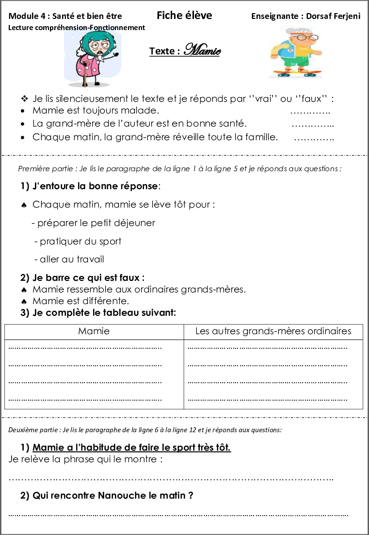 fiche eleve texte mamie