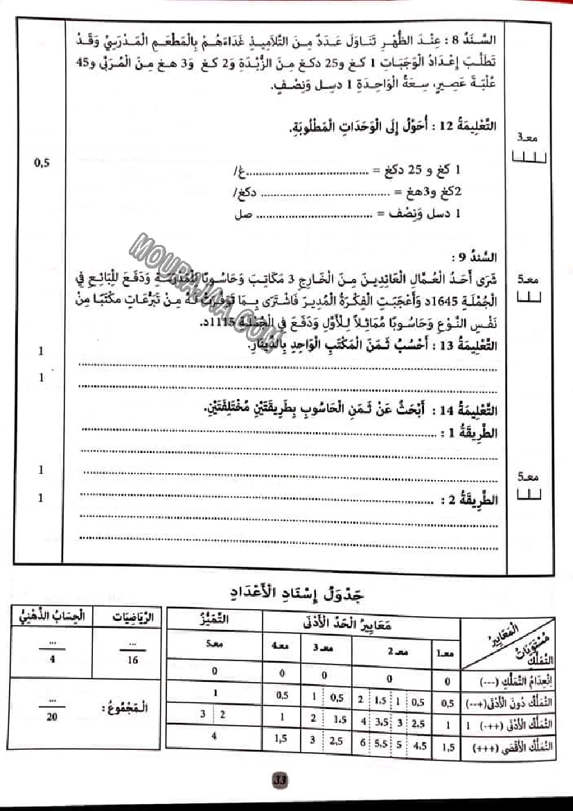 إمتحانات كنوز النجاح رياضيات,إيقاظ علمي و تربية إسلامية مع الإصلاح سنة رابعة إبتدائي