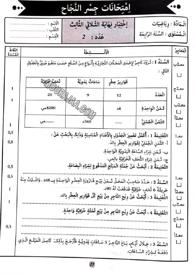 إمتحانات كنوز النجاح رياضيات,إيقاظ علمي و تربية إسلامية مع الإصلاح سنة رابعة إبتدائي